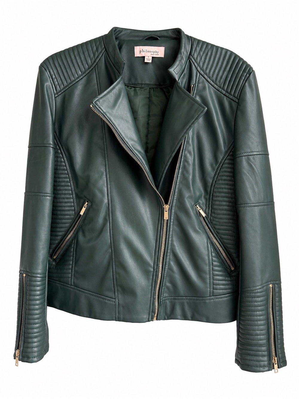 Women’s Dark Green Faux Leather Moto Jacket Quilted Gold Zip Bikercore